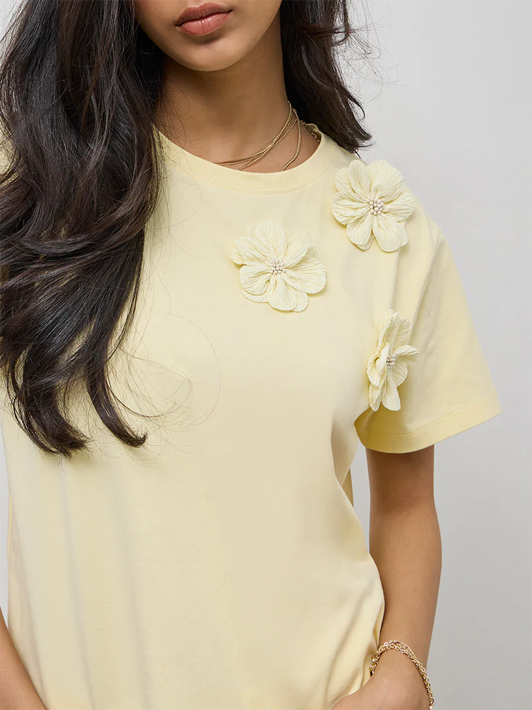 LOV Yellow Floral Applique Cotton-Blend T-Shirt - Image 3