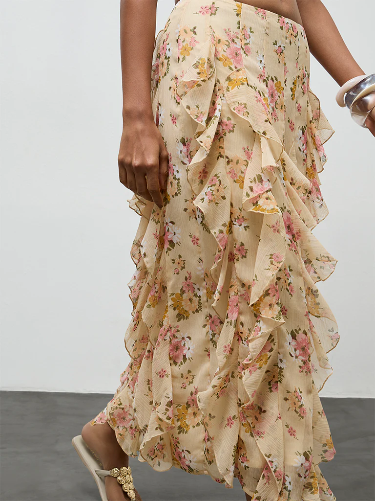 LOV Yellow Floral Printed Ruffled High Rise Skirt - Image 3