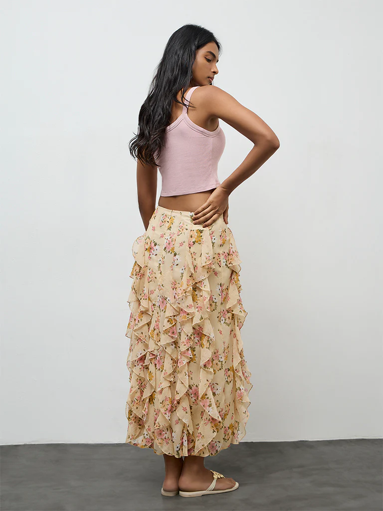 LOV Yellow Floral Printed Ruffled High Rise Skirt - Image 4