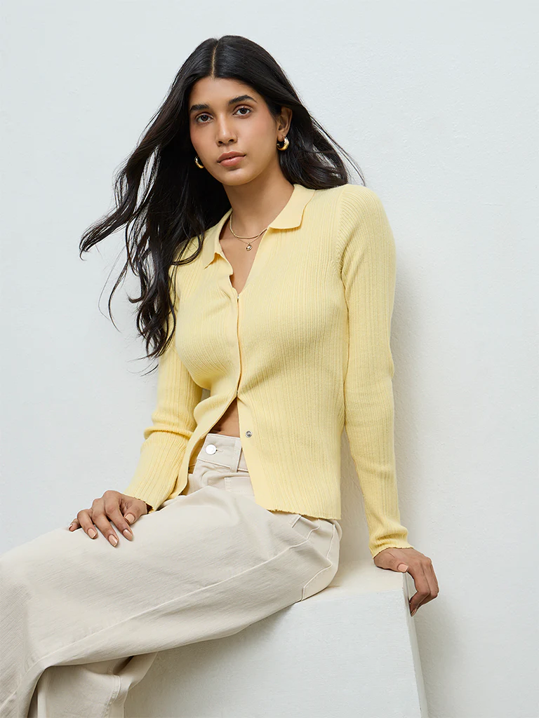 LOV Yellow Ribbed-Textured Cardigan - Image 2