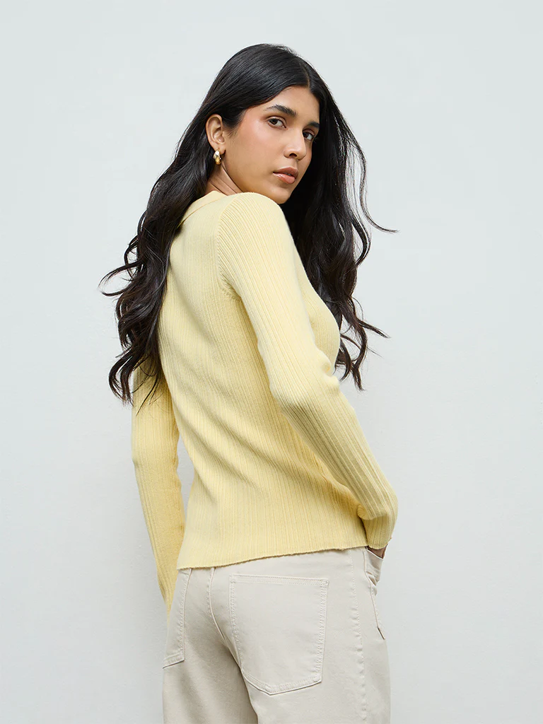 LOV Yellow Ribbed-Textured Cardigan - Image 4