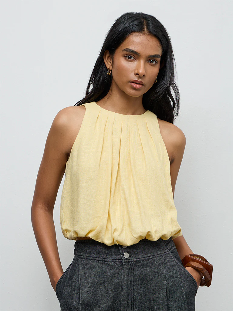 LOV Yellow Solid Linen-Blend Top
