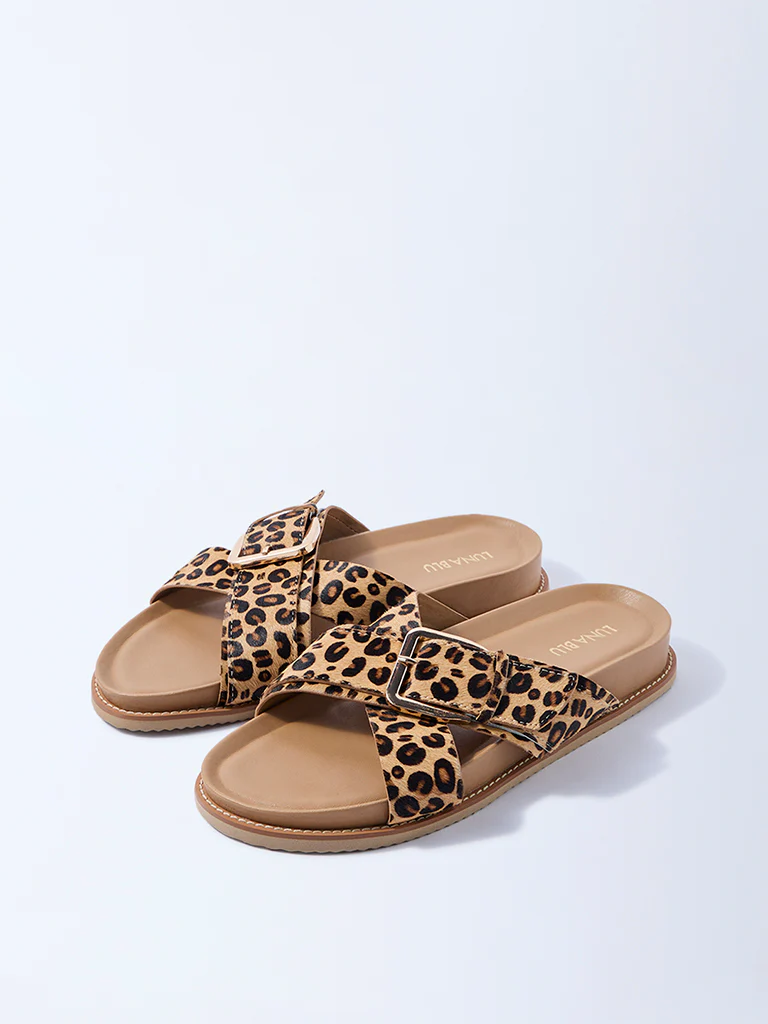 LUNA BLU Beige Animal Printed Criss-Cross Comfort Sandals - Image 2