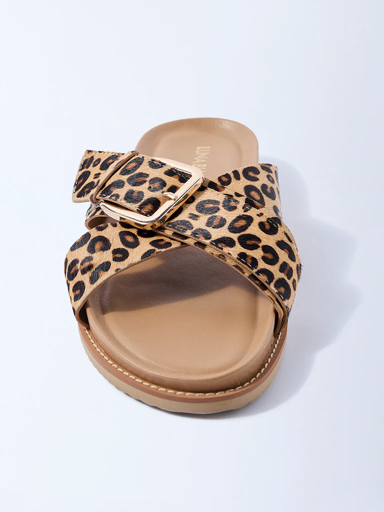 LUNA BLU Beige Animal Printed Criss-Cross Comfort Sandals - Image 3