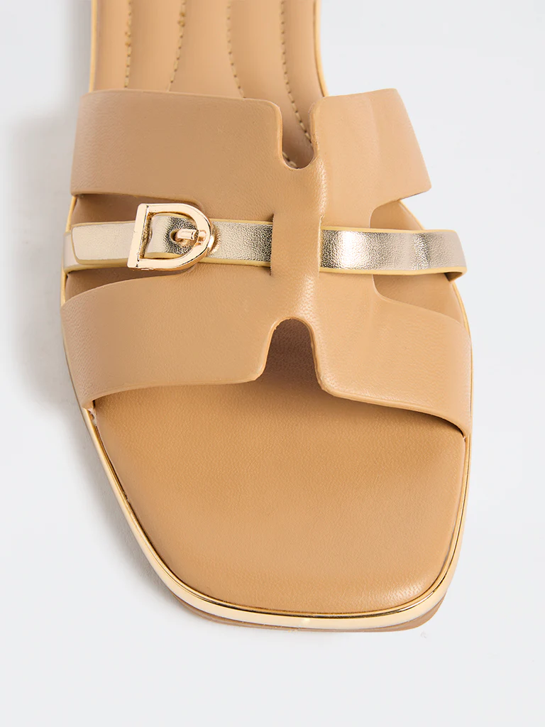 LUNA BLU Beige Buckle-Detailed Slides - Image 4