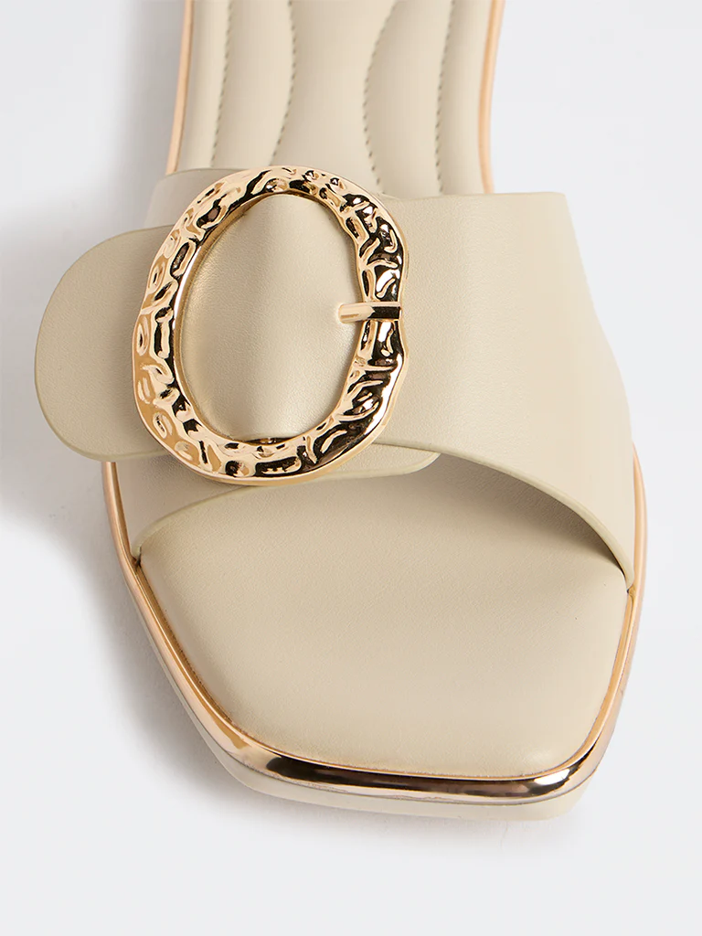 LUNA BLU Beige Buckle-Detailed Slides - Image 4