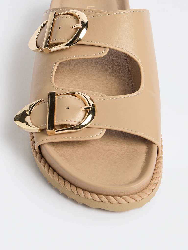 LUNA BLU Beige Buckle-Detailed Slip-On Comfort Sandals - Image 3