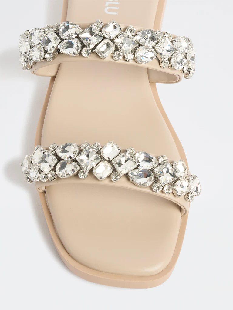 LUNA BLU Beige Diamante Dual-Strap Slides - Image 3
