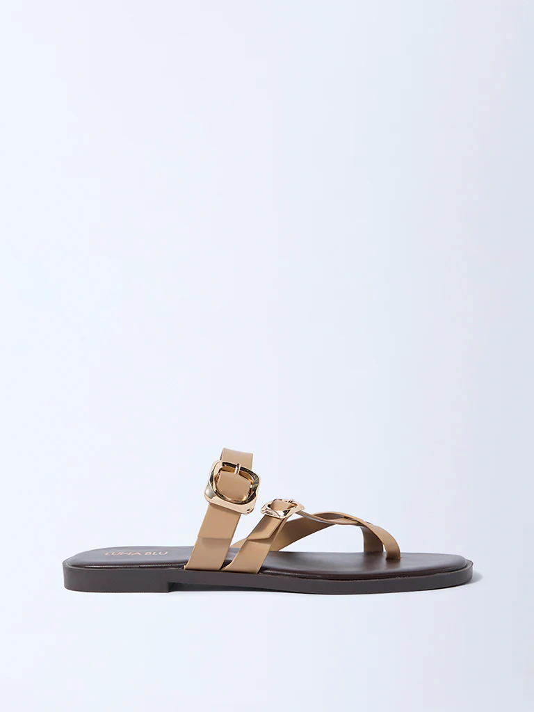 LUNA BLU Beige Dual-Strap Buckled Slides