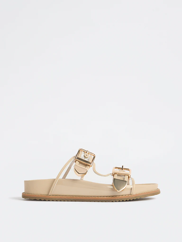 LUNA BLU Beige Dual-Strap Slip-On Comfort Sandals - Image 2
