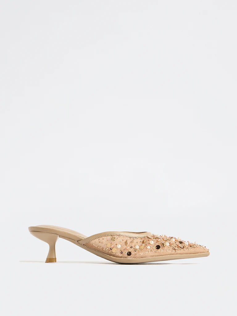 LUNA BLU Beige Embellished Kitten-Heel Mules - Image 2