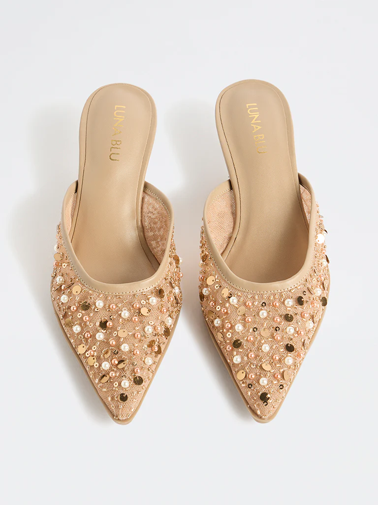 LUNA BLU Beige Embellished Kitten-Heel Mules - Image 3