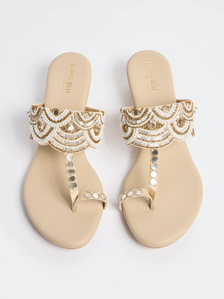 LUNA BLU Beige Embellished Kolhapuri Sandals - Image 3
