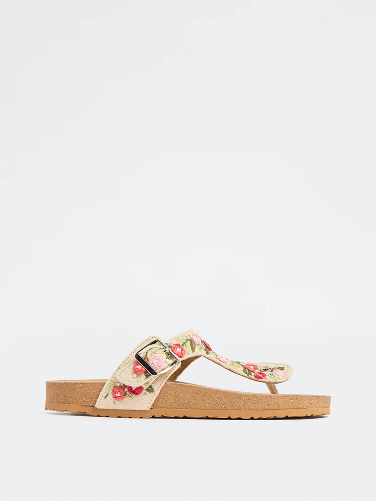 LUNA BLU Beige Embroidered Thong-Strap Sandals - Image 2