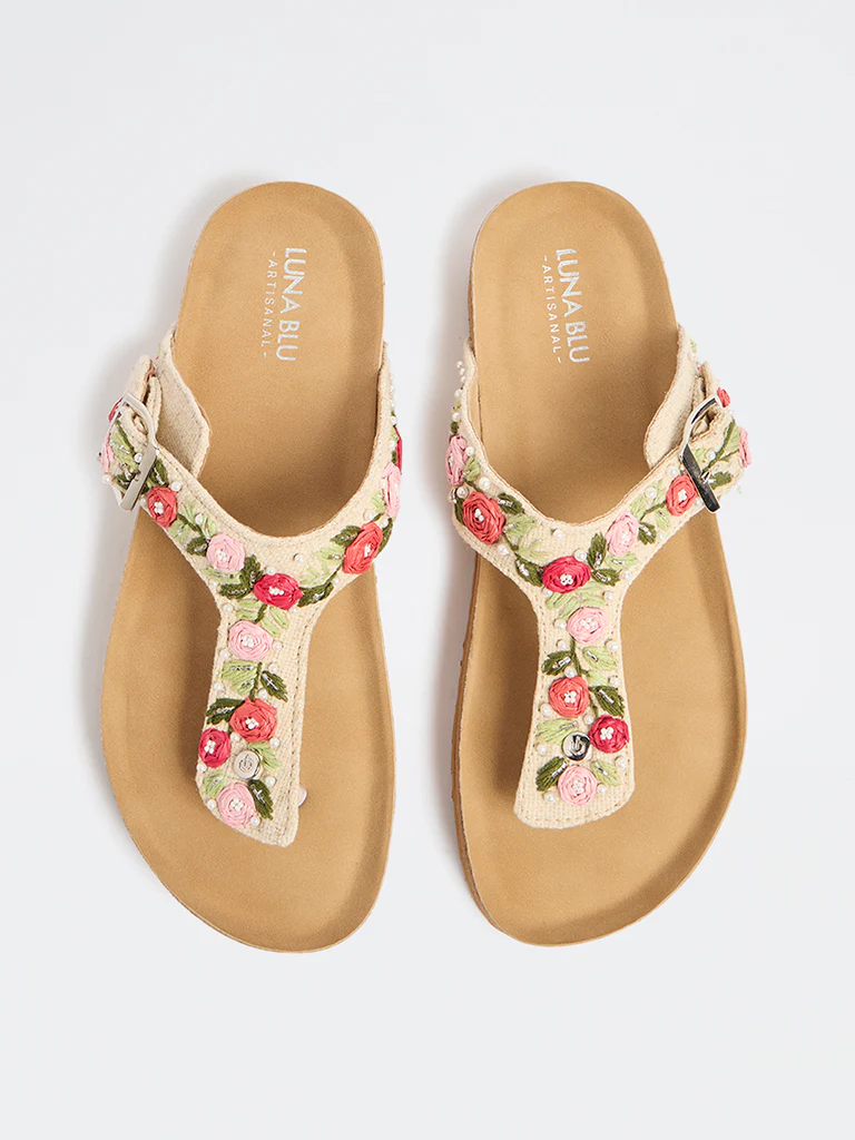 LUNA BLU Beige Embroidered Thong-Strap Sandals - Image 3
