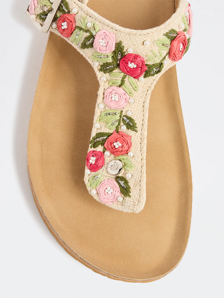 LUNA BLU Beige Embroidered Thong-Strap Sandals - Image 4