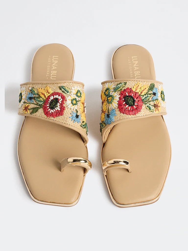LUNA BLU Beige Embroidered Toe-Ring Sandals - Image 2