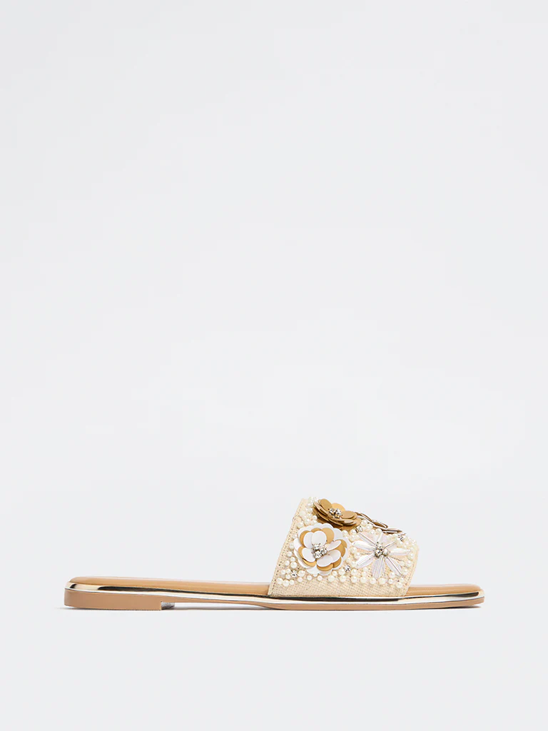 LUNA BLU Beige Floral Embellished Slides - Image 2
