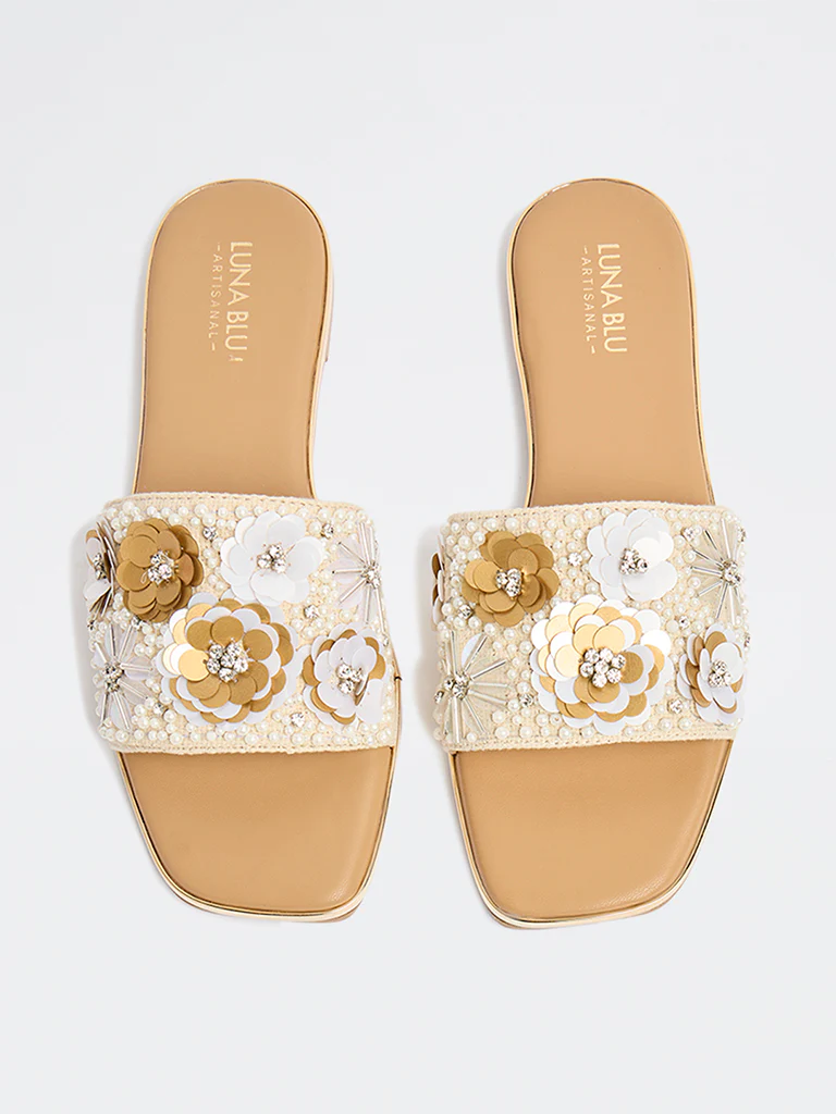 LUNA BLU Beige Floral Embellished Slides - Image 3