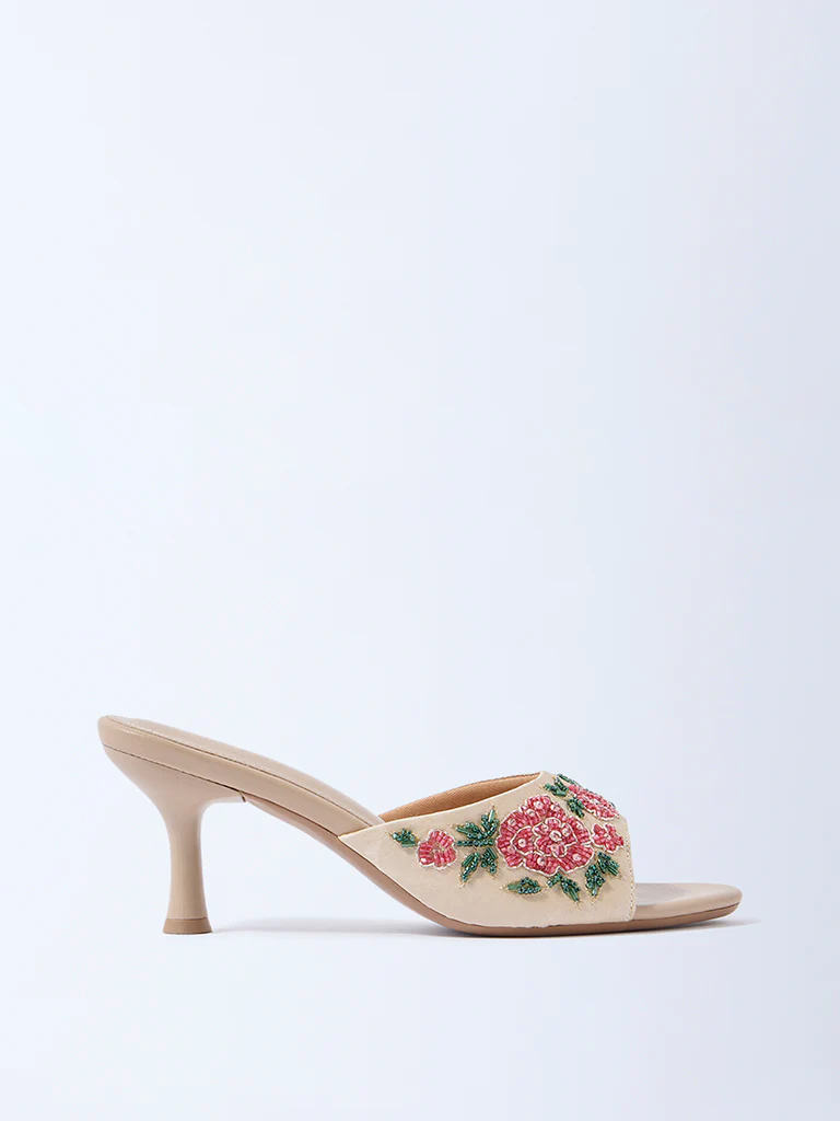 LUNA BLU Beige Floral Embroidered Heel Sandals
