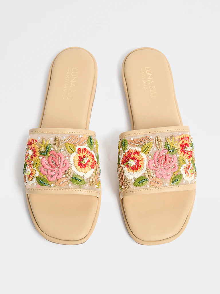 LUNA BLU Beige Floral Embroidered Slides - Image 3