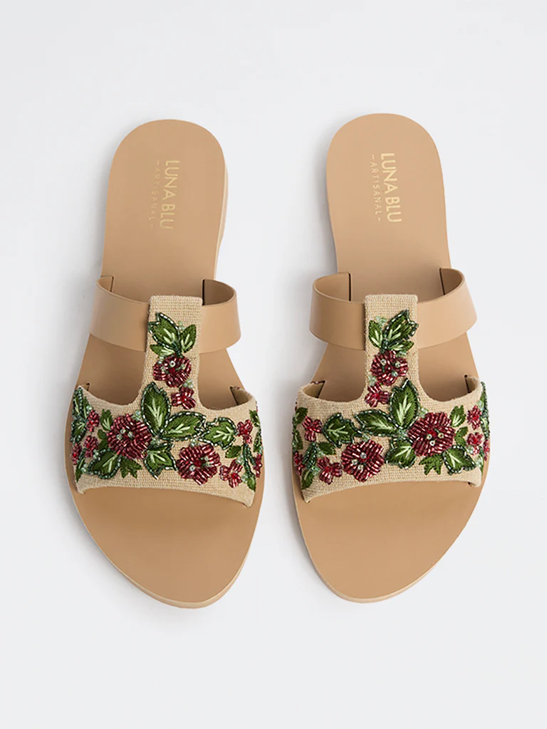 LUNA BLU Beige Floral Sequin Embellished Slides - Image 2
