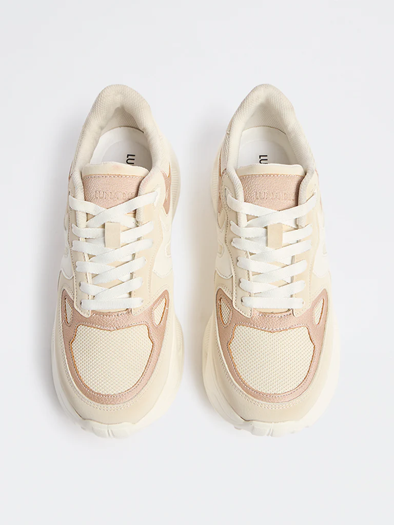 LUNA BLU Beige Mesh-Detailed Lace-Up Sneakers - Image 2