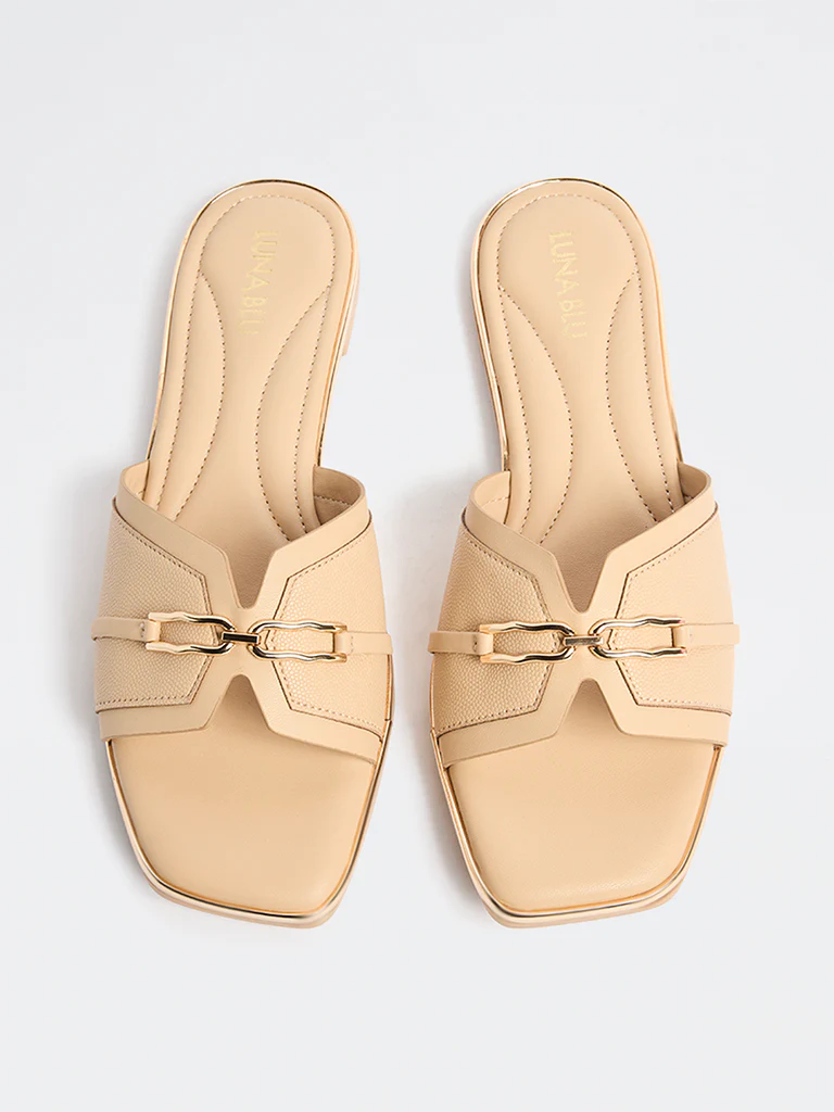 LUNA BLU Beige Metallic Detailed Slides - Image 2