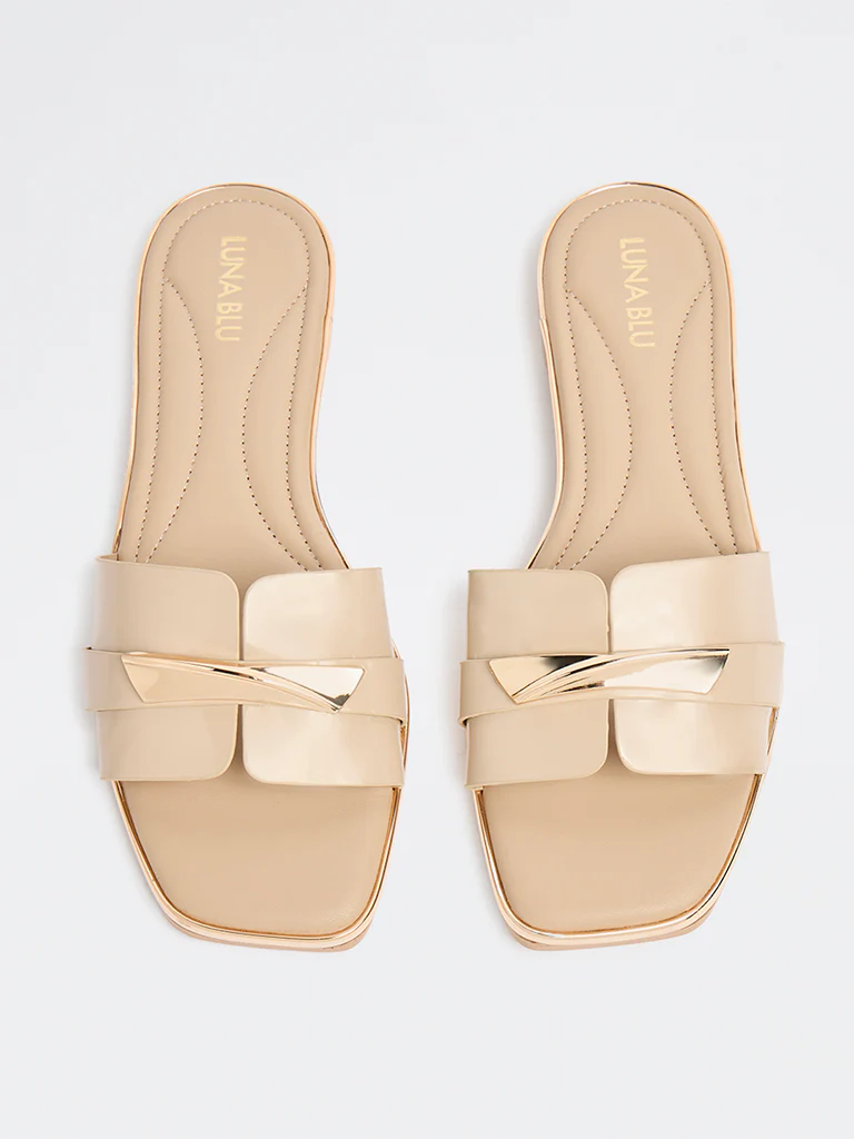 LUNA BLU Beige Metallic Detailed Slides - Image 2