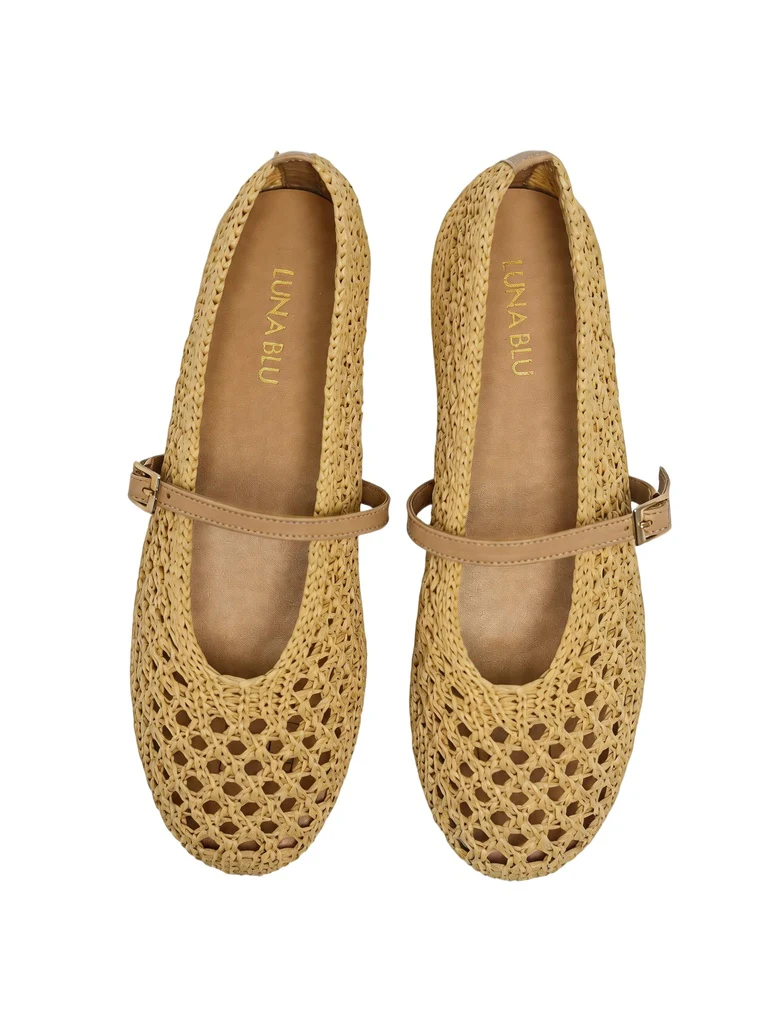 LUNA BLU Beige Natural Raffia Flat Ballerina