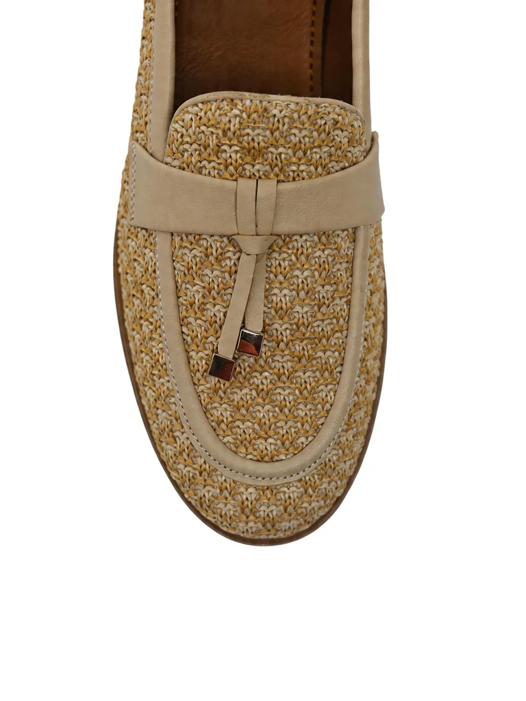 LUNA BLU Beige Natural Woven Rafia Penny Trim Loafers - Image 3