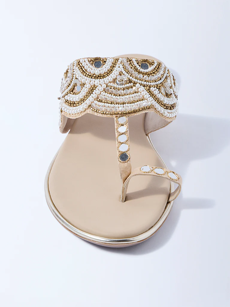 LUNA BLU Beige Pearlescent Kolhapuri Sandals - Image 3