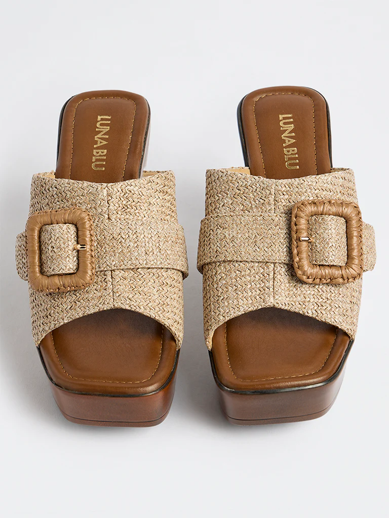 LUNA BLU Beige Raffia Platform-Heel Sandals - Image 3