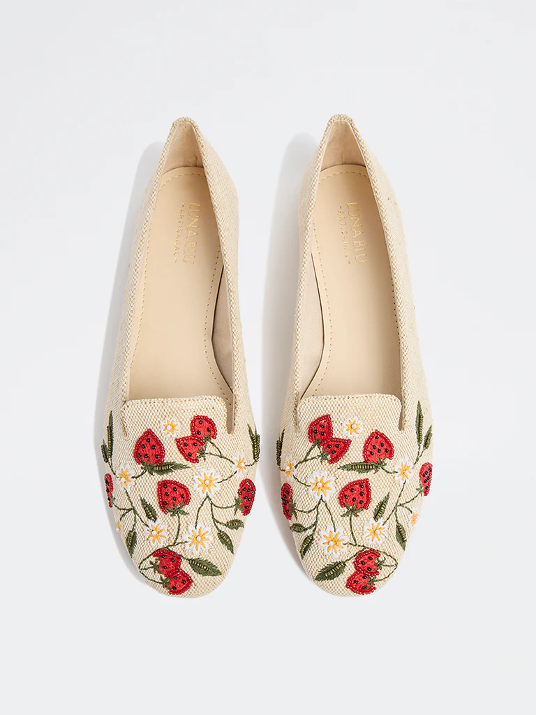 LUNA BLU Beige Strawberry Embroidered Loafers - Image 3