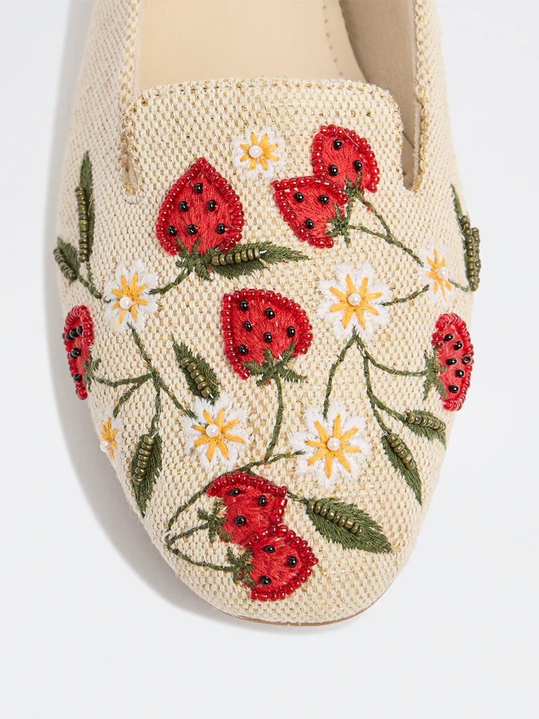 LUNA BLU Beige Strawberry Embroidered Loafers - Image 4