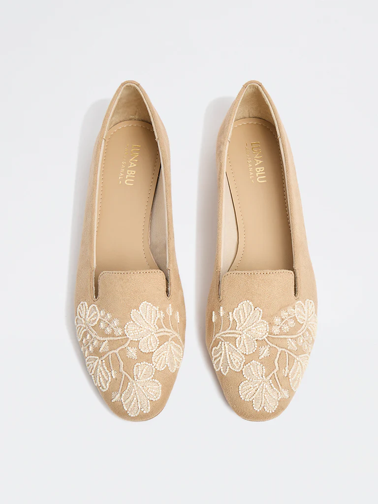 LUNA BLU Beige Suede Floral Embroidered Loafers - Image 3