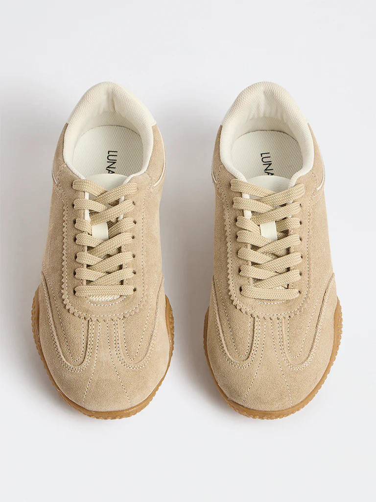 LUNA BLU Beige Suede Lace-Up Trainer Sneakers - Image 3