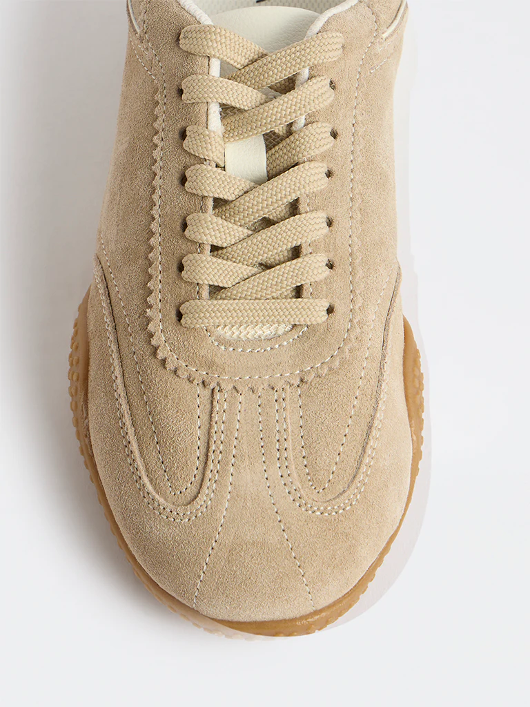 LUNA BLU Beige Suede Lace-Up Trainer Sneakers - Image 4