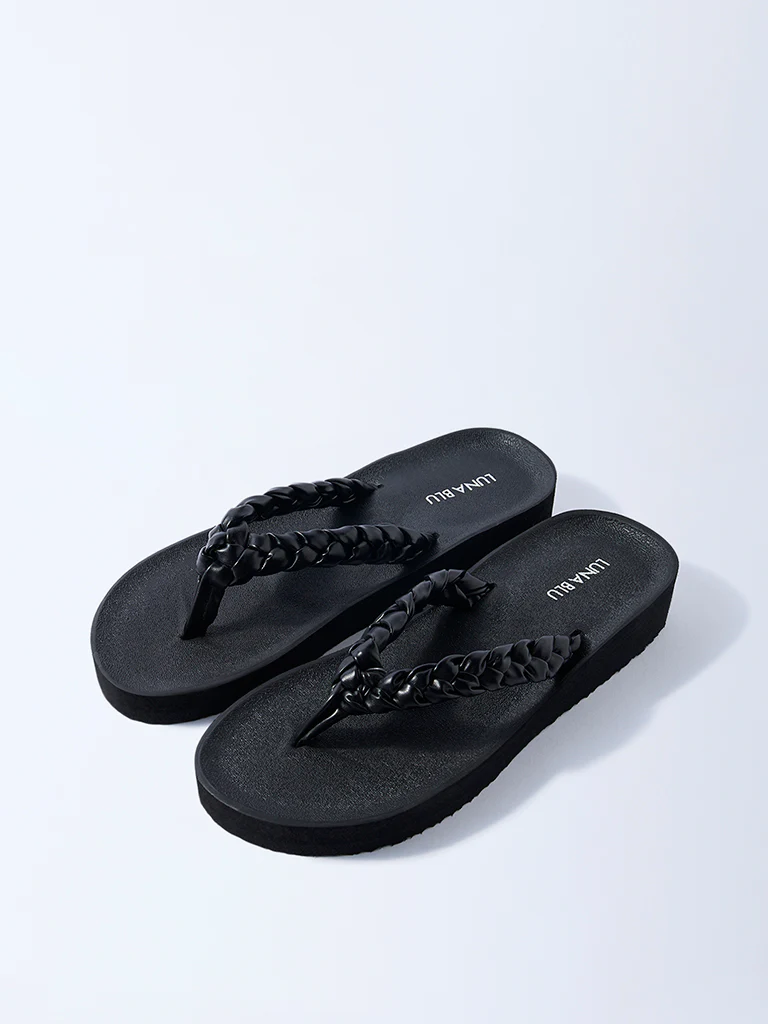 LUNA BLU Black Braided Comfort Flip-Flops - Image 2