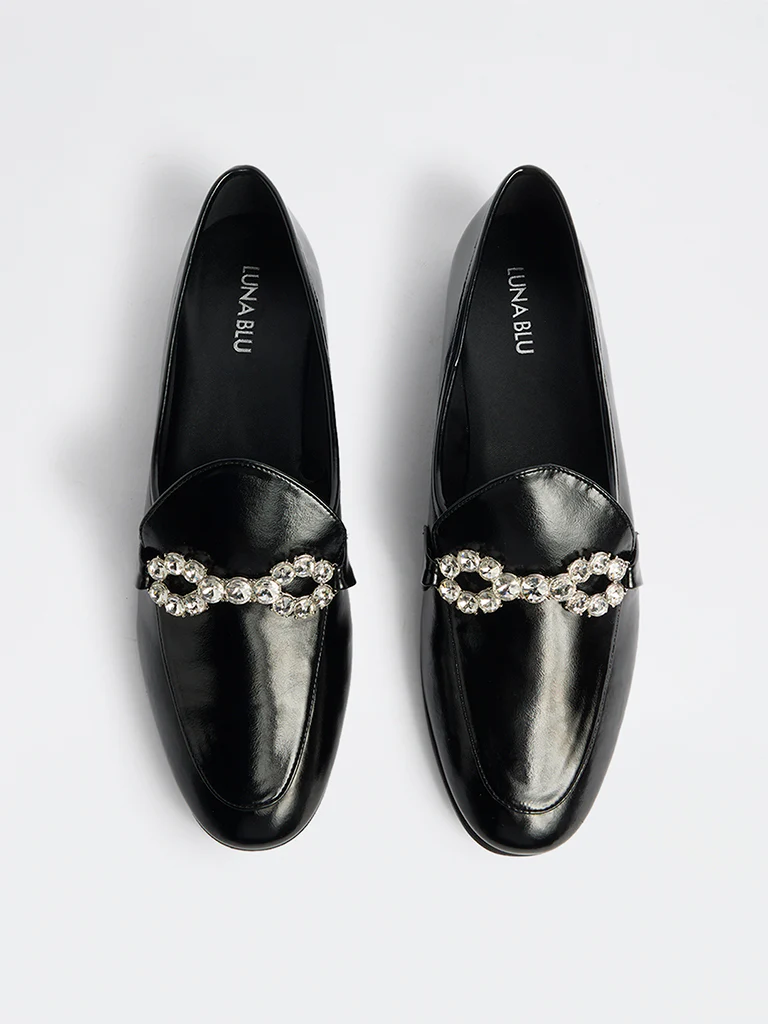 LUNA BLU Black Diamante Embellished Loafers - Image 2