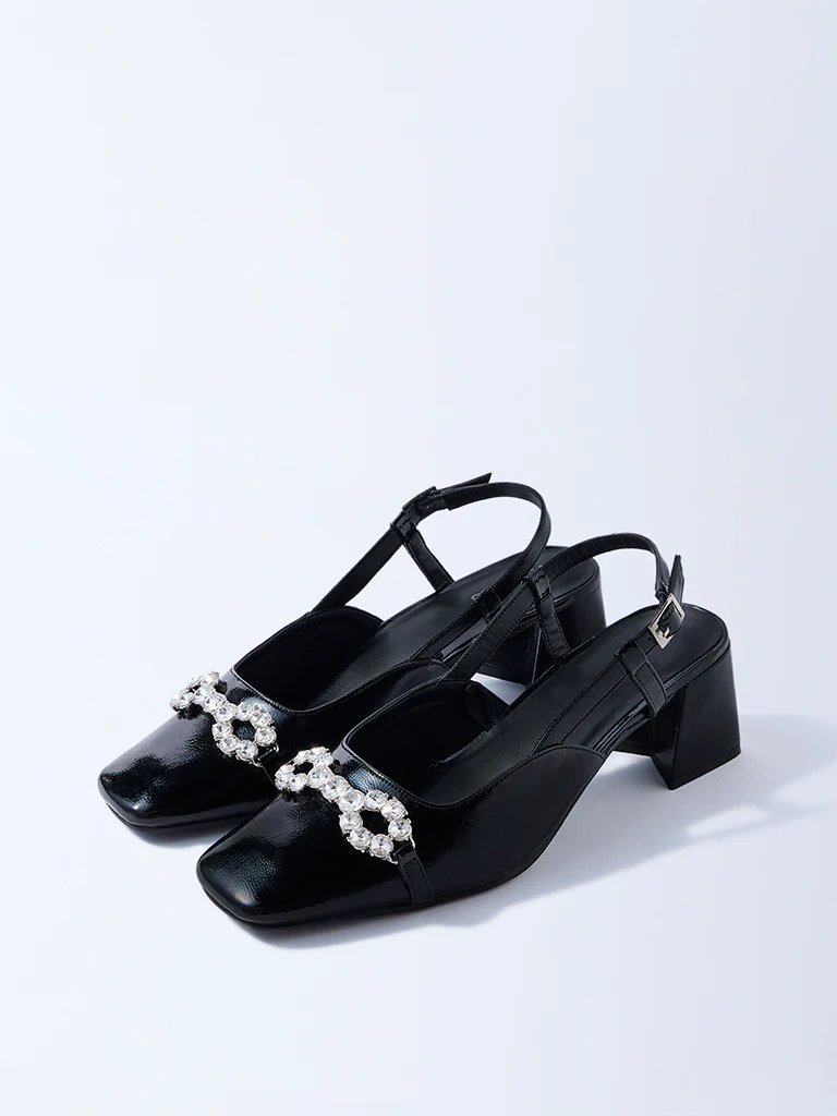 LUNA BLU Black Diamante Embellished Slingback Mules - Image 2