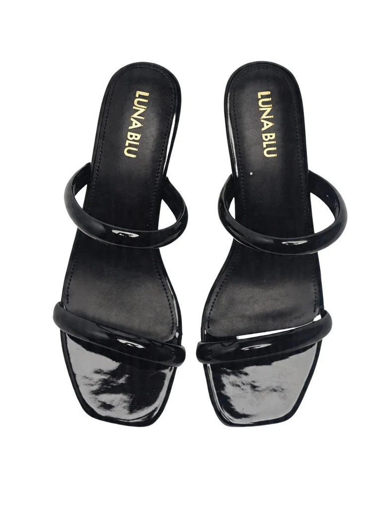 LUNA BLU Black Dual-Strap Square-Toe Heel Sandals