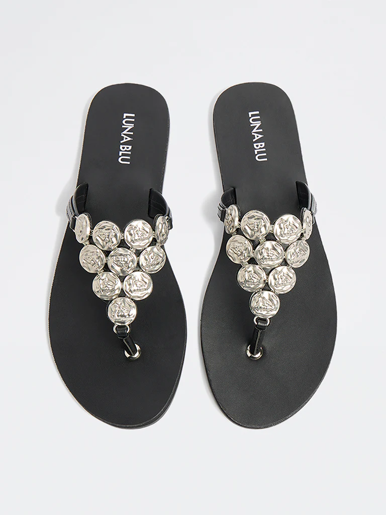 LUNA BLU Black Embellished Thong Slides - Image 3