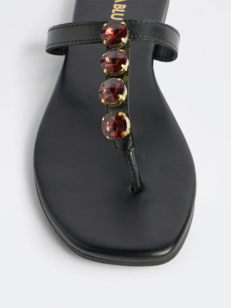 LUNA BLU Black Embellished Thong-Strap Sandals - Image 3