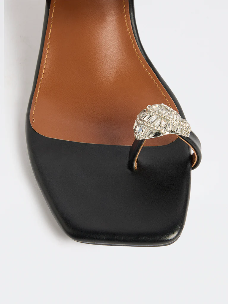 LUNA BLU Black Embellished Toe-Ring Heel Sandals - Image 4