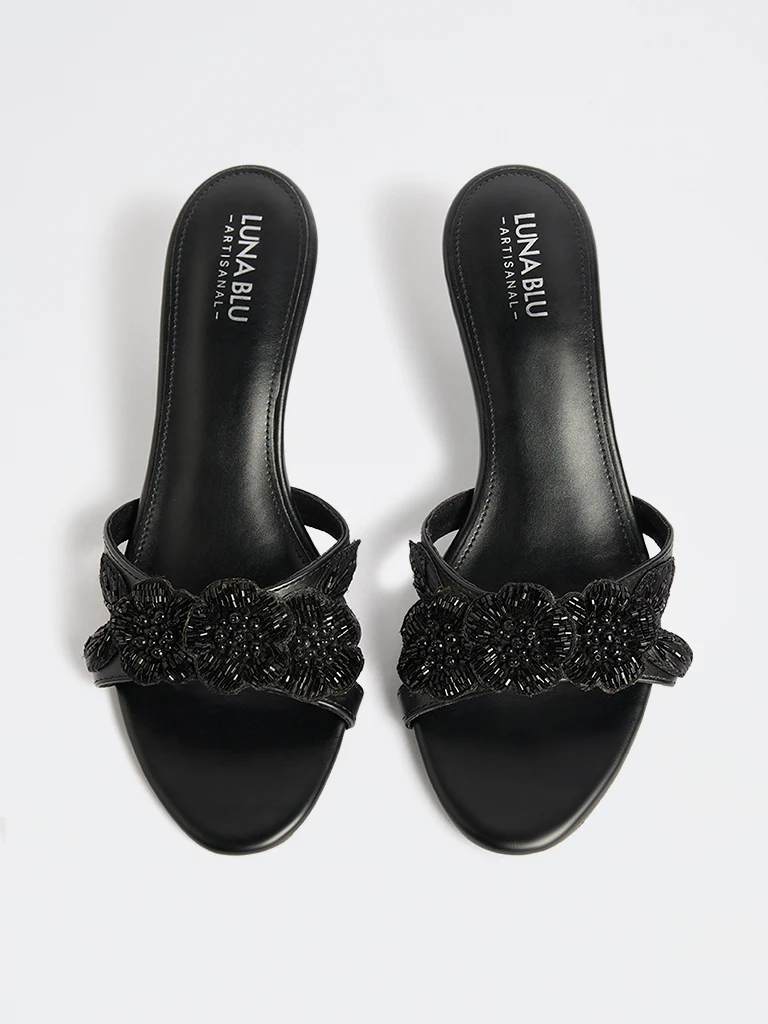LUNA BLU Black Floral Embellished Kitten-Heel Sandals - Image 3