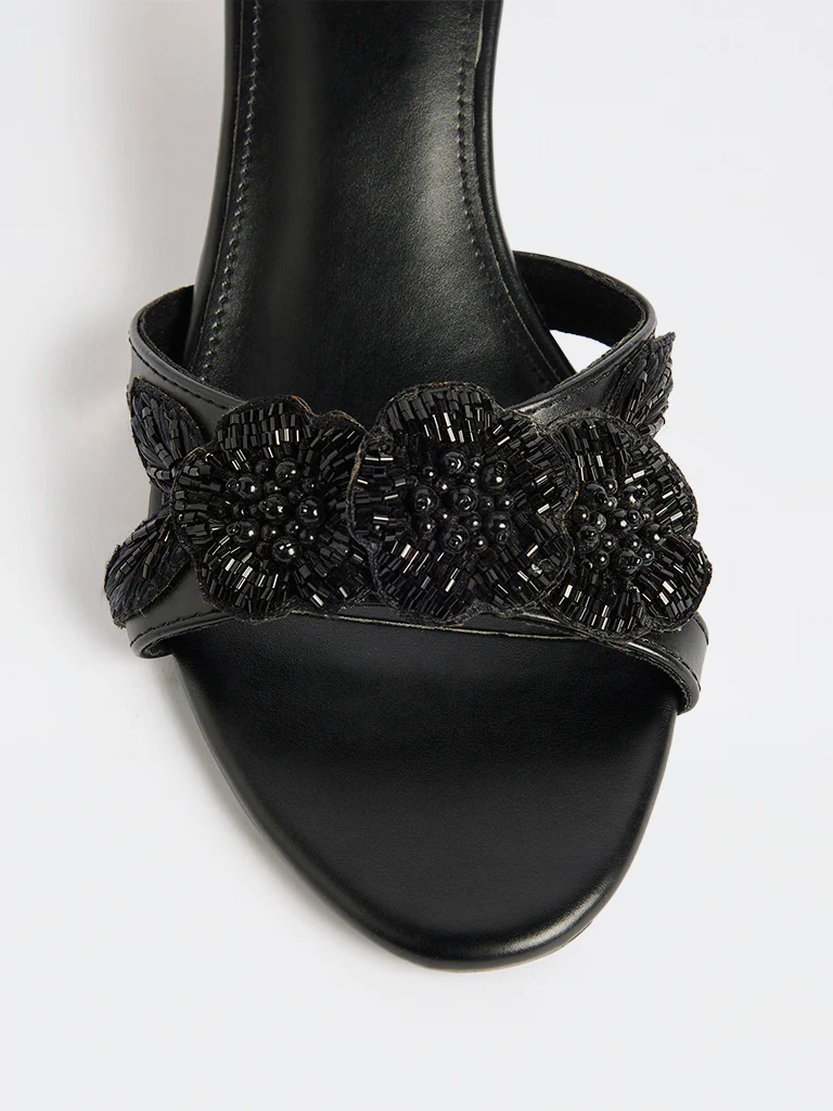 LUNA BLU Black Floral Embellished Kitten-Heel Sandals - Image 4