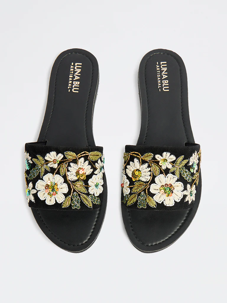 LUNA BLU Black Floral Embellished Slides - Image 2
