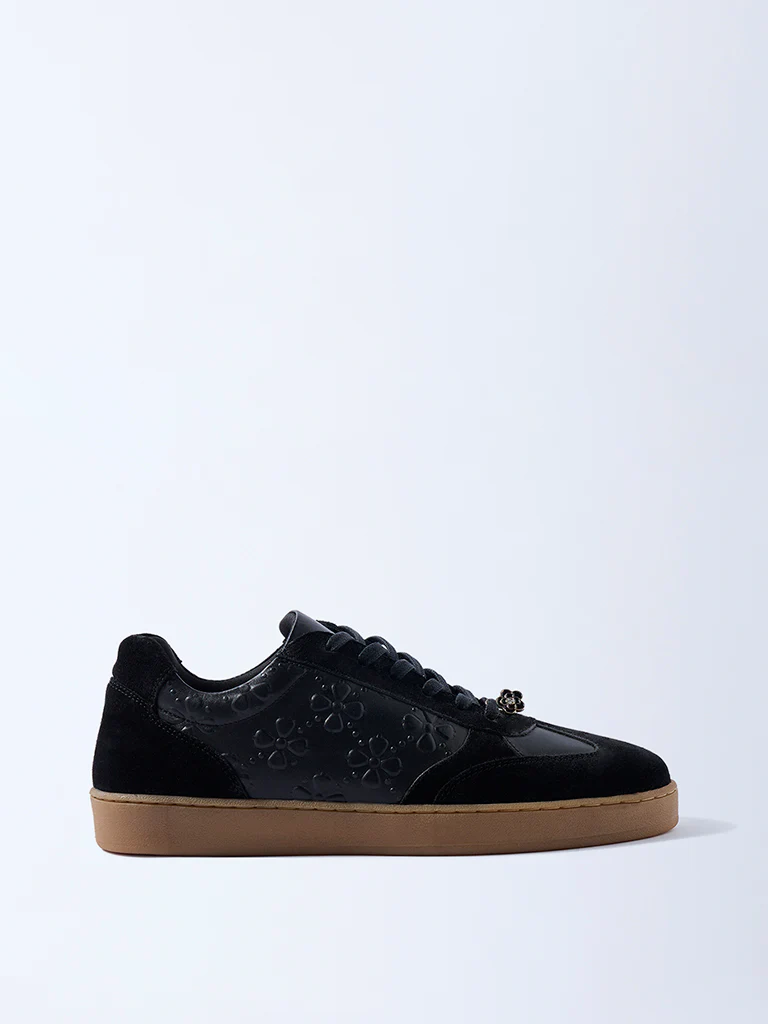 LUNA BLU Black Floral Embossed Suede Sneakers - Image 2