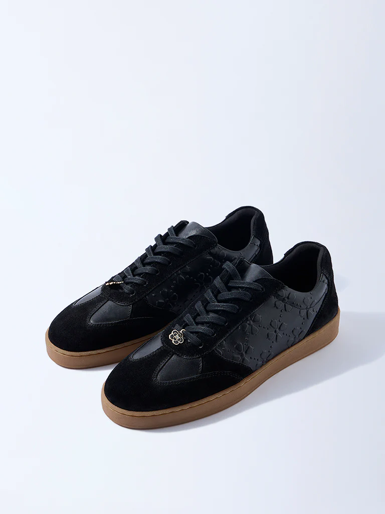 LUNA BLU Black Floral Embossed Suede Sneakers - Image 3